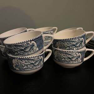 Set of 10 currier & Ives tea coffee mugs and plates